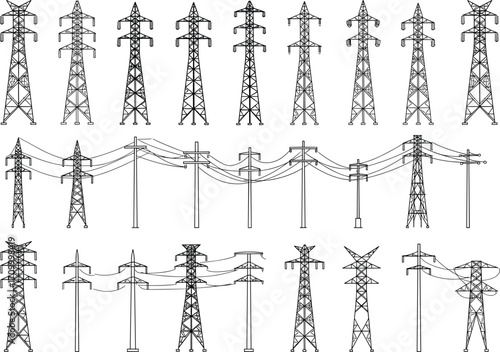 Set of detailed power transmission towers and electric poles, various designs, isolated vector illustrations, high voltage electricity infrastructure, energy distribution system elements