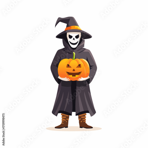 Cartoon grim reaper with a skull mask and witch hat holding a carved Halloween jack-o'-lantern