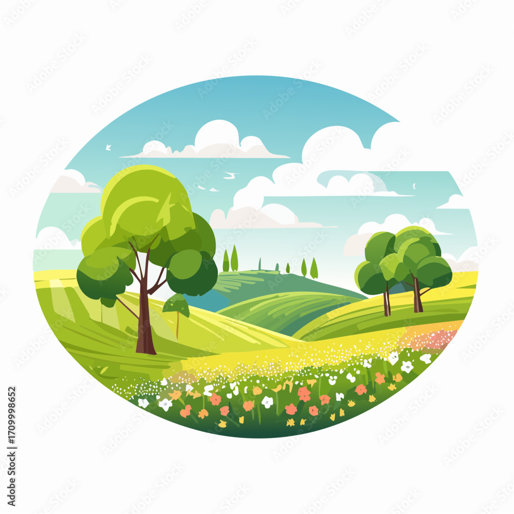 Naklejka premium spring landscape with trees in the foreground and hills with vibrant blooming meadow
