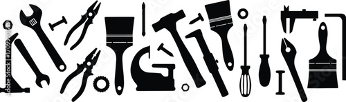 Vector illustration of hand tools including paintbrushes, pliers, wrenches, hammer, caliper, screws, and woodworking tools for repair and construction projects