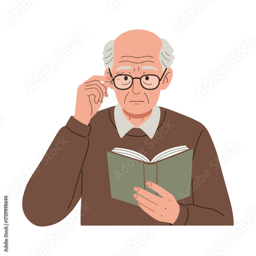 Vector art of an elderly man with glasses reading a book