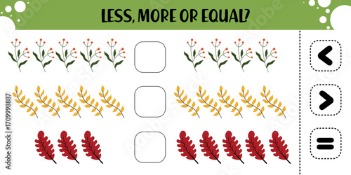 Less More or Equal Worksheet with Red and Yellow Leaves