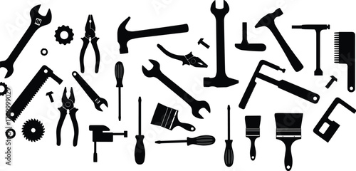 Vector illustration of various hand tools including wrenches, screwdrivers, hammers, saws, pliers, paintbrushes, and gears for repair and construction