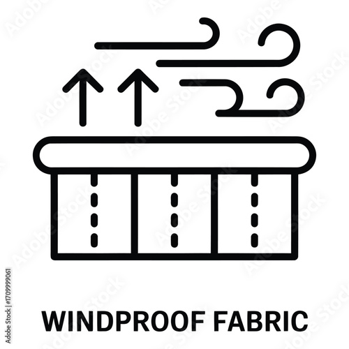 Windproof fabric icon showing protection from wind with arrows and stylized air current design silhouette