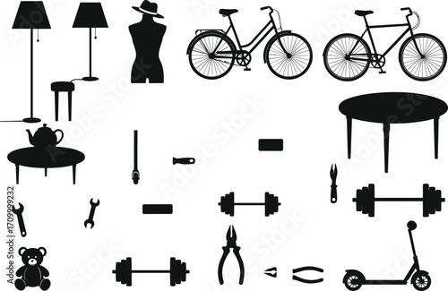 Vector illustration of various household items and tools, including lamps, bicycles, tables, tools, dumbbells, scooter, teddy bear, and mannequin silhouette