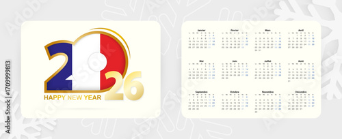 Horizontal Pocket Calendar 2026 in French language. New Year 2026 icon with flag of France.