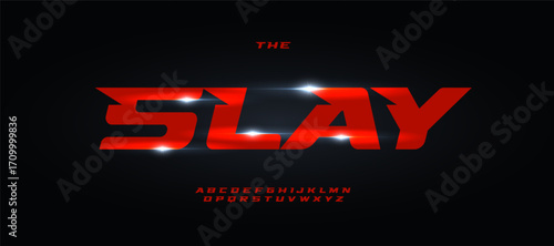Turbo red alphabet, angular geometric bold italic font for sporty typographic logo, edgy headline, racing speed automotive typography. Vector typeset.