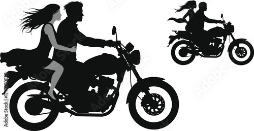 Couple enjoying a dynamic motorcycle ride silhouetted against a white background