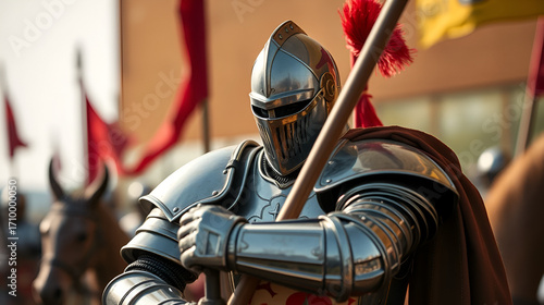 31. Knight figure preparing for a jousting tournament with armor gleaming
