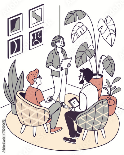 Team in informal brainstorming,
discussing ideas on
upholstered chairs with geometric patterns, houseplants, and abstract paintings.