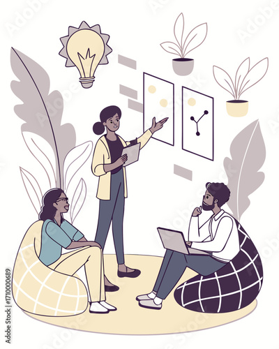 Team in informal brainstorming,
discussing ideas on
upholstered chairs with geometric patterns, houseplants, and abstract paintings.
