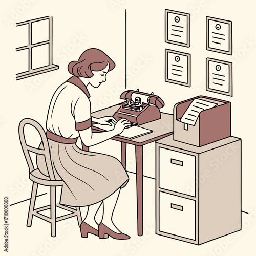 Secretary typing on typewriter, woman sitting, dress or skirt and blouse, hair tied in a bouffant style, mid-heeled shoes, desk with typewriter, rotary telephone, stacks of papers.