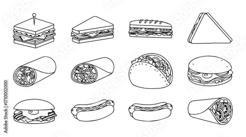 Collection of hand drawn fast food snacks and sandwiches sketch isolated on white silhouette
