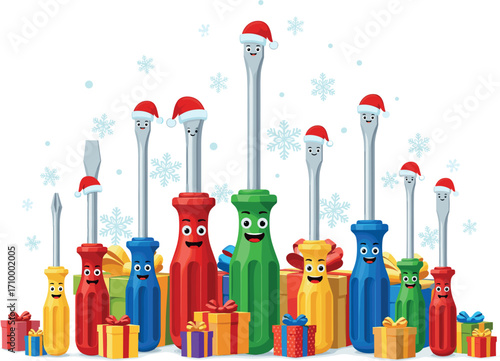 Christmas tree made of colorful screwdrivers with santa hats and gifts