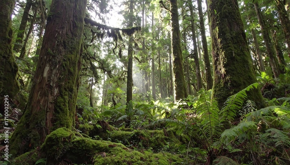 Fototapeta premium Sunlight filters through mossy forest canopy
