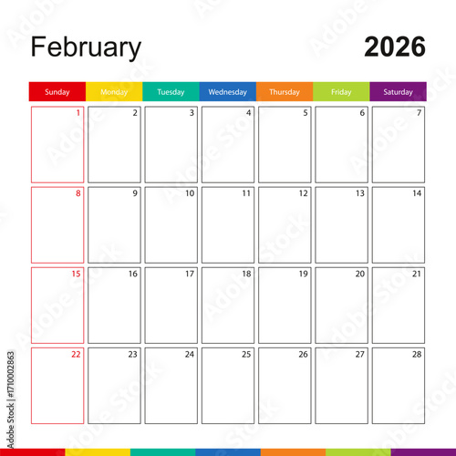 February 2026 colorful wall calendar, week starts on Sunday.