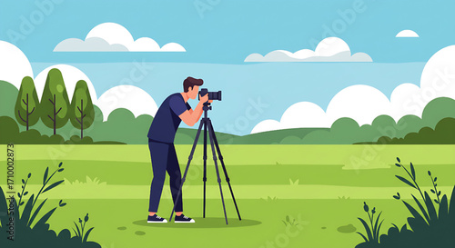 Photographer taking pictures in nature with a tripod and camera on a sunny day