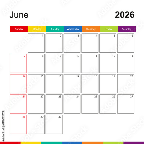 June 2026 colorful wall calendar, week starts on Sunday.