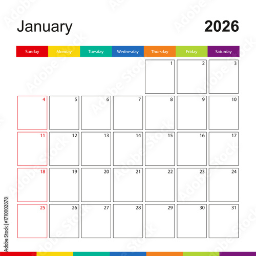 January 2026 colorful wall calendar, week starts on Sunday.