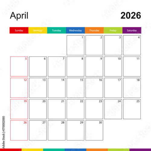 April 2026 colorful wall calendar, week starts on Sunday.