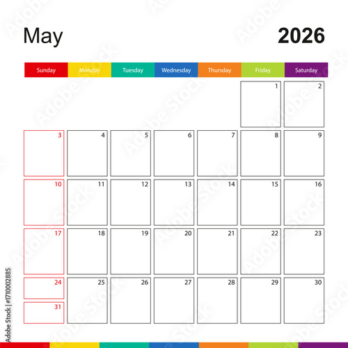 May 2026 colorful wall calendar, week starts on Sunday.