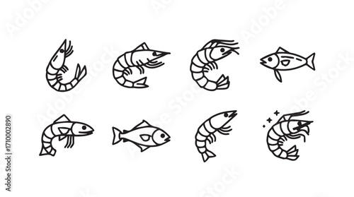 Charming hand-drawn seafood icons featuring shrimp and fish sketches for culinary design silhouette