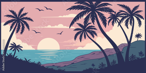 Tropical Beach at Sunset with Island
