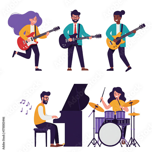 Diverse Musicians Playing Instruments Illustration Set Guitar Piano Drums Vector