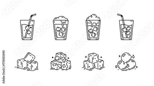 Collection of cool refreshing drinks and ice cubes sketch style icons silhouette