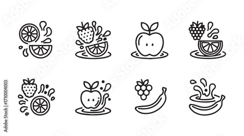Whimsical hand-drawn fruit icons collection freshness splash summer fun healthy food graphics silhouette
