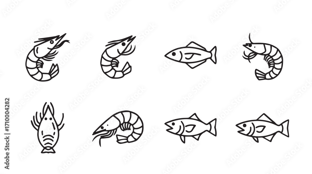 Fototapeta premium Hand drawn seafood icons collection featuring shrimp and fish sketches for culinary projects silhouette