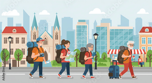 Family and Senior Tourists Walking in City with Backpacks and Luggage, Travel Concept