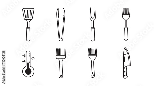 Set of hand drawn kitchen utensils including brushes tongs forks and knives for cooking and grilling silhouette