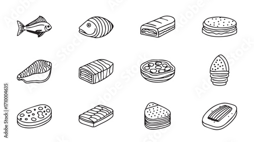 Hand-drawn food icons collection diverse sushi ingredients seafood appetizers and desserts set silhouette