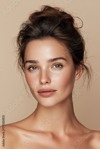 Wallpaper Mural A young, beautiful woman with clean, fresh skin on a beige background.  Torontodigital.ca