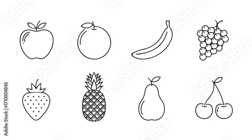 Hand drawn sketch collection of fresh fruits apple orange banana grapes strawberry pineapple pear cherries silhouette