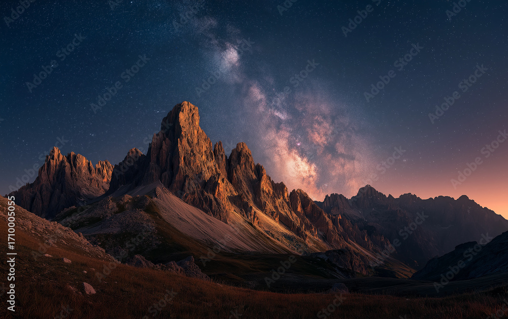 Naklejka premium The majestic dolomites under the starry sky, showcasing the breathtaking beauty of nature in italy's iconic mountain range