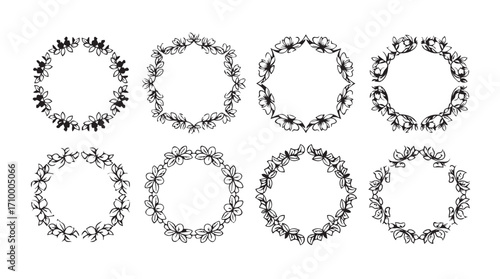 Collection of ornate botanical wreaths and flourishes delicate floral circles elegant design elements silhouette