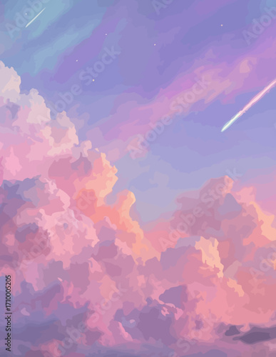 Ciel pastel vectoriel, nuages doux, fond, style aquarelle