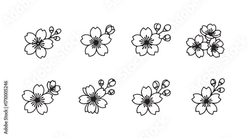 Set of hand drawn cherry blossoms floral elements for decorative design applications silhouette