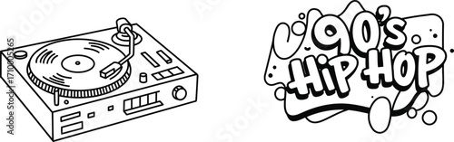 Vintage turntable and nineties hip hop typography in black and white