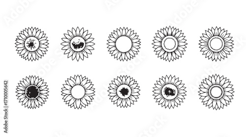 Ten detailed line art sunflower icons abstract geometric floral elements for graphic design projects silhouette