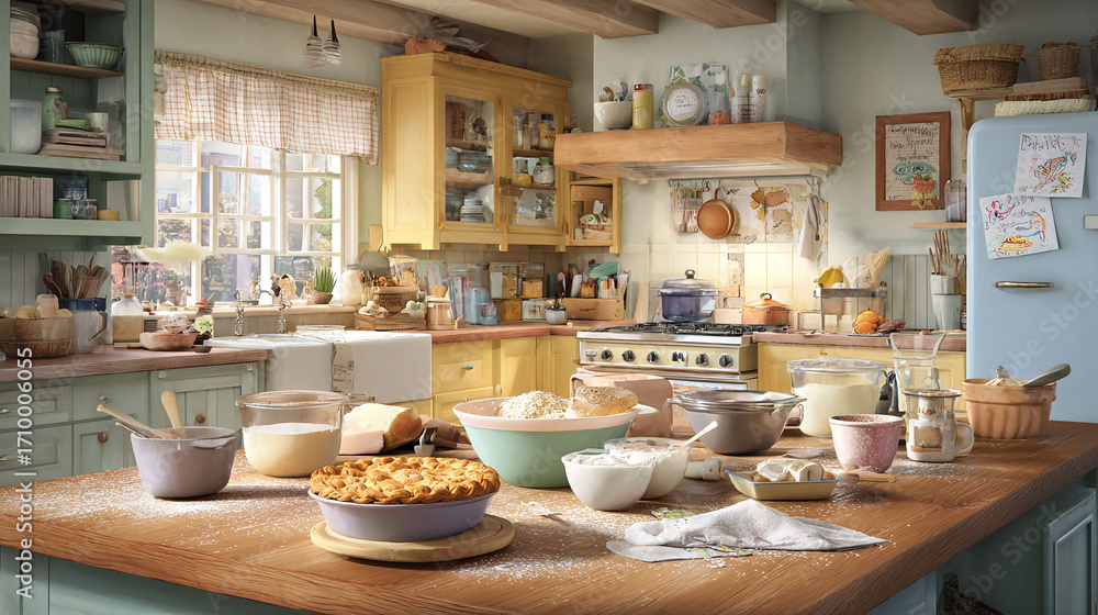 Fototapeta premium Cozy kitchen scene. A rustic, charming kitchen counter displays baking ingredients. Ideal for food blogs, lifestyle articles, familythemed content.