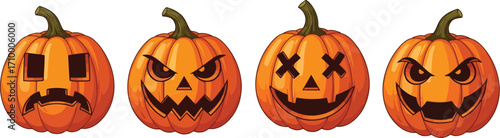 Four expressive carved pumpkins displaying various spooky and funny Halloween faces