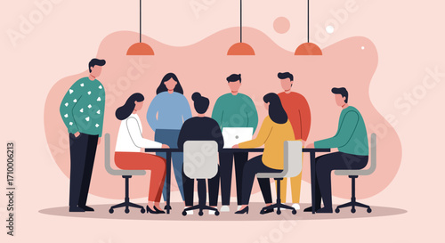 Diverse team collaborating in a modern office. Professionals discussing ideas, fostering teamwork and innovation. Ideal for business, corporate, and startup themes.