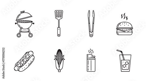 Set of hand-drawn barbecue and grilling icons for summer outdoor cooking and food preparation silhouette