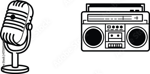 Vintage microphone and boombox illustration in simple black and white style