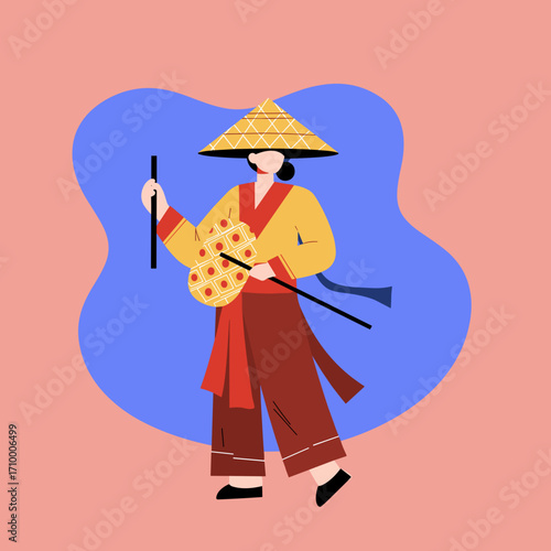 This vibrant vector illustration features a person gracefully dressed in traditional East Asian garments, holding a decorative fan and a staff, symbolizing rich cultural traditions.