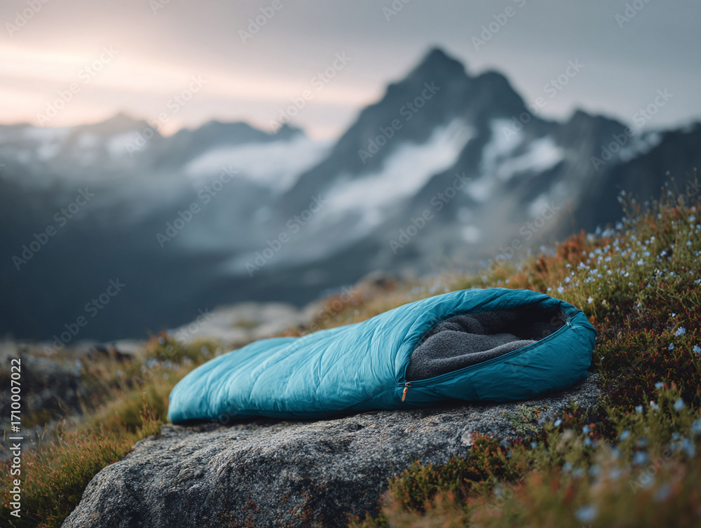 Fototapeta premium Sleeping bag outdoors. Adventure concept. Resting in nature, travel, freedom, and escape. Exploration for brochures, blogs, camping gear and promotions.