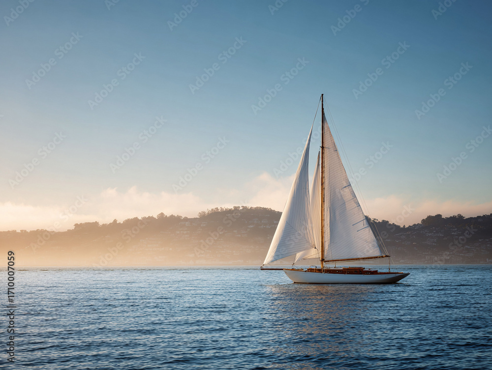 Fototapeta premium Sailing boat gliding smoothly on the water at dusk. Serene, calming scene of freedom and adventure. Great for travel, lifestyle, or nautical themes.
